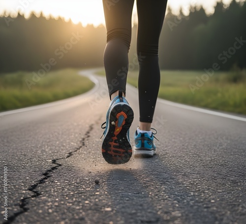closeup of backview of a jogger on an empty road , focus on the shoes, outdoorsports  fitness exercise healthy wellness concept