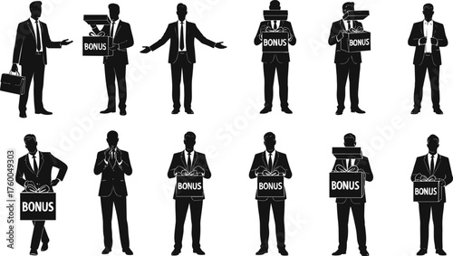 Businessman with bonus box, reward, finance, motivation, success, wealth, incentive, leadership, achievement, vector illustration