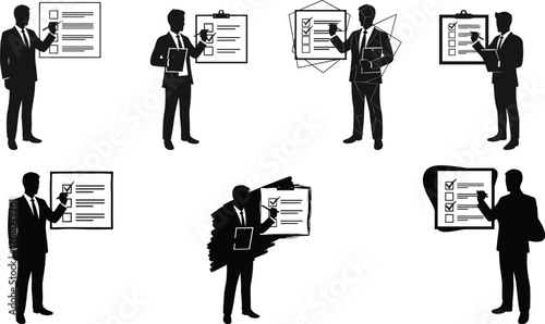 Businessman with checklist, task management, productivity, organization, planning, leadership, strategy, progress, success, vector illustration