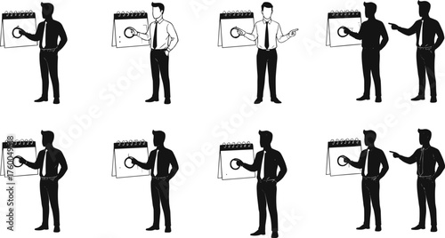 Businessman with presentation board, market analysis, research, strategy, leadership, planning, progress, success, decision, vector illustration