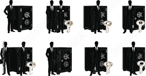 Businessman with safe and key, security, finance, protection, strategy, leadership, decision, success, trust, vector illustration