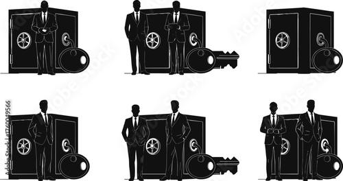 Businessman with safe and coin, finance, security, wealth, protection, leadership, strategy, trust, success, vector illustration