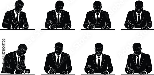 Businessman writing at desk, office work, documentation, leadership, planning, analysis, progress, success, strategy, vector illustration