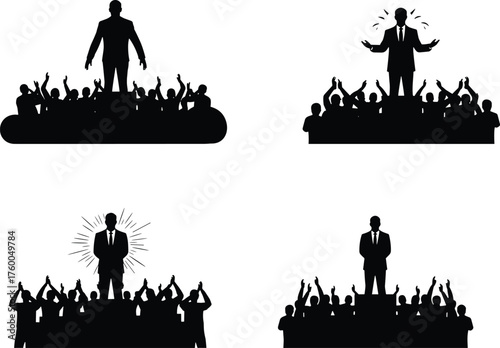 Leadership silhouettes with crowd, business authority, corporate influence, public speaking, teamwork