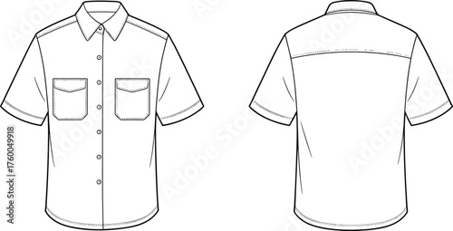 Technical fashion flat sketch, short sleeve shirt, button up, collar, chest pockets, yoke, pleat, tailoring, apparel, vector illustration