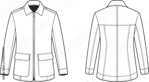 Technical fashion flat sketch, jacket front and back, zipper, collar, pockets, cuffs, yoke, tailoring, apparel, vector illustration