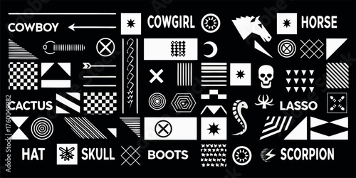 A striking cowboy and cowgirl design featuring iconic Wild West symbols in monochrome minimalism with clean, crisp vector lines.