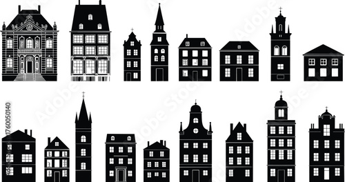 Amsterdam buildings black and white vector set, Dutch architecture silhouettes, historic facades and canal houses, Netherlands cityscape minimalist illustration art