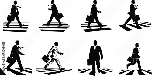 Business people silhouettes walking across crosswalk, urban professionals with briefcases, corporate teamwork, city commute