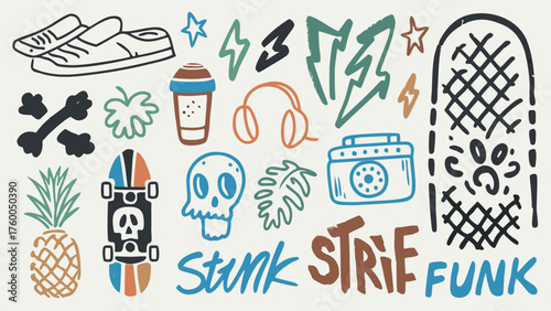 Embrace the Vibe — a joyful, youthful hand-drawn collage featuring skulls, pineapples, skateboards, coffee, and music, celebrating free-spirited creativity and playful energy.