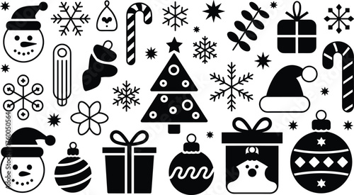 Black and white Christmas icon set with snowflakes, gifts, snowman, Santa hat, candy cane, and tree