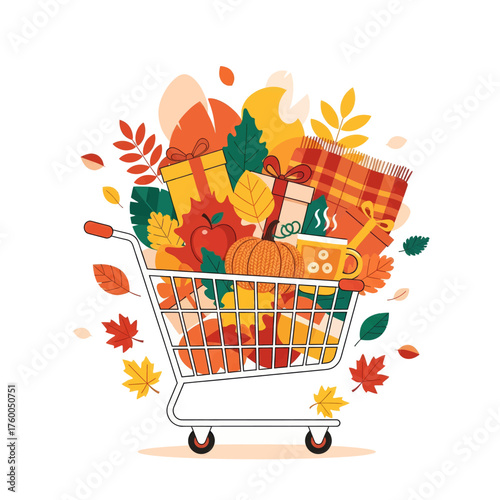 A shopping cart overflowing with autumn items like a pumpkin, gifts, and colorful leaves for seasonal sales.