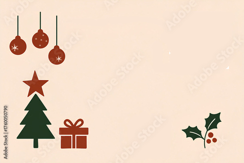 Minimalistic Christmas background with tree, gift, holly and decorations for holiday cards, seasonal greetings and winter holidays