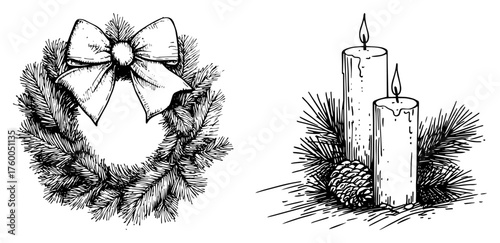 Christmas Wreath and Candles Hand Drawn Set