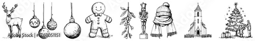 Christmas Elements Set with Reindeer Ornaments Gingerbread Mistletoe Candle Coat Church and Tree Vintage Sketch Doodle Engraving for Laser Cutting and CNC