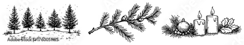 Christmas Fir Trees Pine Branch and Advent Candles Arrangement Vintage Sketch Doodle Engraving for Laser Cutting and CNC