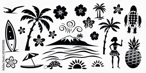 A vibrant Hawaiian luau paradise featuring hibiscus flowers, surfboards, and swaying palm trees illustrated in bold black line art, capturing the lively spirit of a sunny tropical beach.