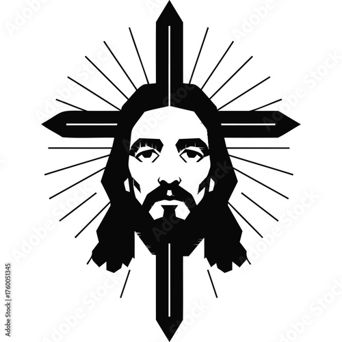 Jesus Christ face with cross and light rays in black and white religion christianity religious faith god