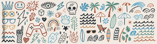Whimsical summer icons celebrating beach days and youthful creativity in a fun pattern on a light background.