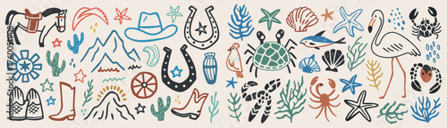 A playful blend of cowboy adventures and beachside dreams evoking a sense of fun and lightheartedness with hand-drawn doodles, sun-soaked vibes, and whimsical charm on a bright clean background.