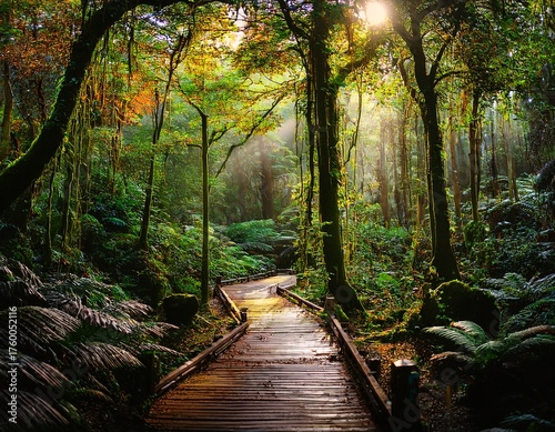 Wooden Pathway to Serenity: Sunlight Streaming Through the Lush Canopy of an Enchanting Forest, Inviting Exploration and Tranquility.