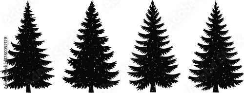 Set of black silhouette pine trees — evergreen forest tree collection for winter, nature, and Christmas design