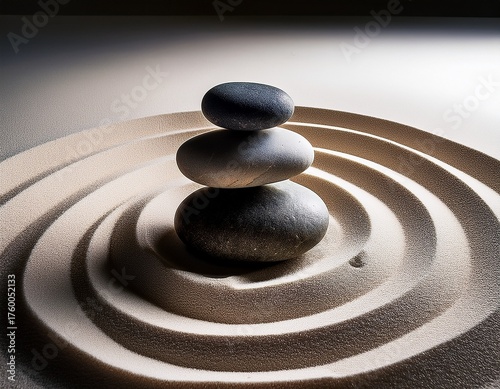 Zen Garden: Stacked Stones on Sand Rings - Achieving Balance, Harmony, and Peaceful Meditation Through Simplicity and Natural Elements.