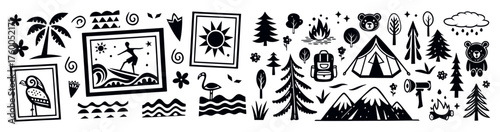 Celebrating adventure and wanderlust, a collection of illustrated travel icons evoking sunny beaches, camping, and wildlife exploration in a playful flat vector style on a clean light background.