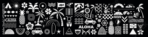 Aloha paradise dreamscape featuring iconic Hawaiian symbols of sun, surf, and nature in bold graphic design on a stark white background.