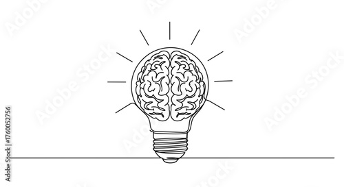 Conceptual brain lightbulb idea innovation creativity intelligence solution thinking one line drawing design