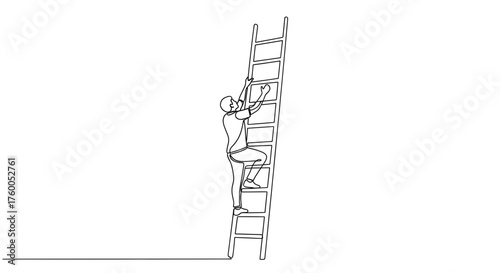 Continuous line drawing of man climbing ladder concept for success career growth and business achievement goal