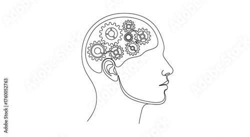Human head with gears inside brain representing thinking process intelligence and mental health concept drawing