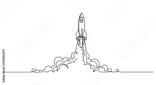 Rocket launch line art vector illustration for space exploration and technology startup concept design idea