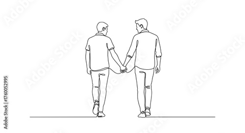 Continuous line drawing of gay couple holding hands walking together love relationship lgbtq romantic partners art