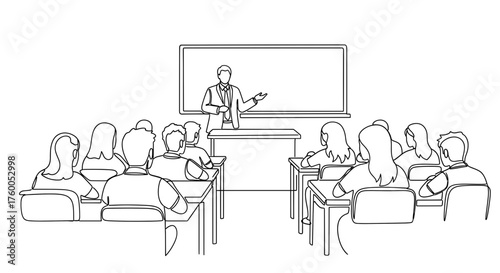 Illustration of a classroom setting with students and a teacher lecturing at the front of the room drawing