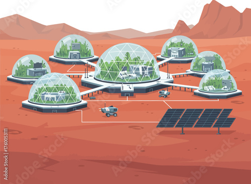 Futuristic Mars colony concept. Glass biodomes protect houses and green plants. Rovers and solar panels support the habitat on the red planet's landscape.
