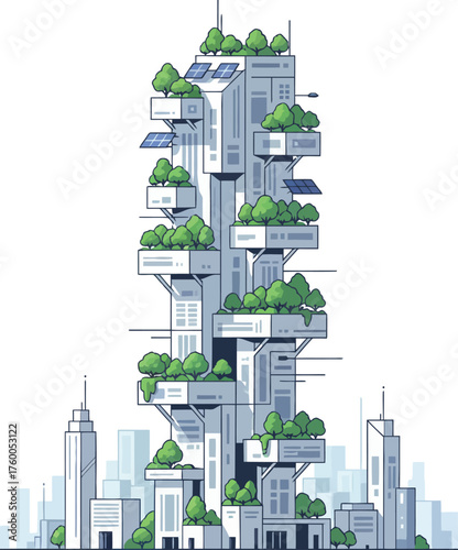 Futuristic green skyscraper with integrated solar panels and abundant trees and plants on every level. Sustainable urban architecture concept for city living.