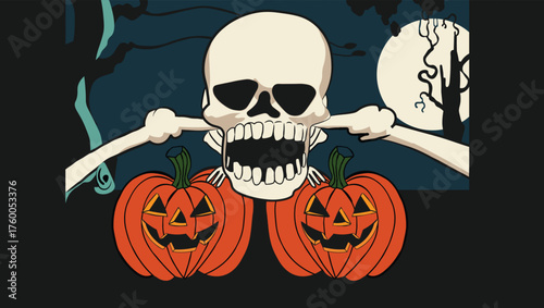 Scary skeleton and pumpkin in the dark of night