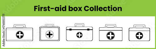 First-aid box illustration showing five different medical kit designs in clean outline vector style, healthcare emergency and hospital concept art