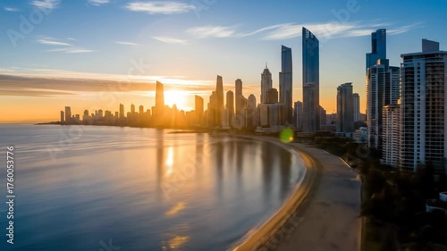 Wallpaper Mural City skyline reflecting in calm ocean water at sunset. Buildings are silhouetted against the bright sun Torontodigital.ca