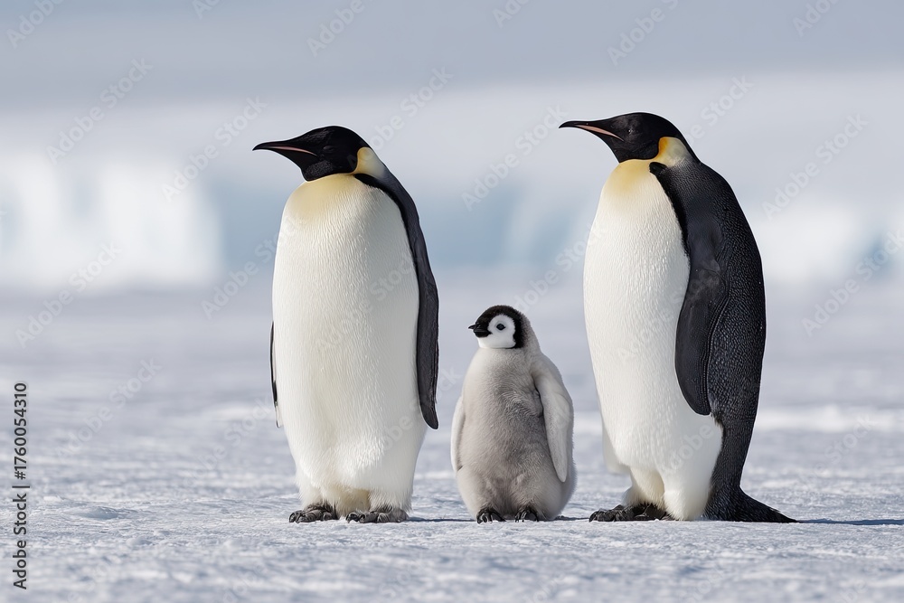 Obraz premium Two adult penguins stand with a chick on icy terrain under a bright, overcast sky
