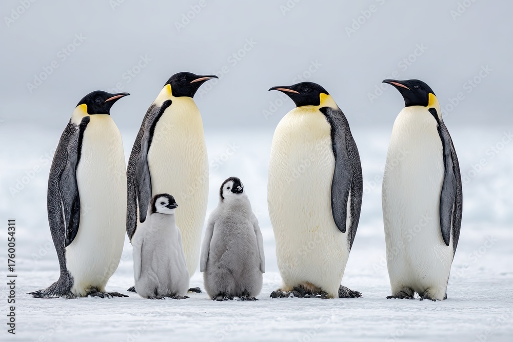 Fototapeta premium A group of emperor penguins with two juveniles standing on an icy surface