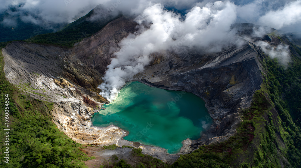 Fototapeta premium Scenic Volcano Crater with Geothermal Thermal Springs and Blue Water in National Park: A Picturesque Drone Photography Adventure