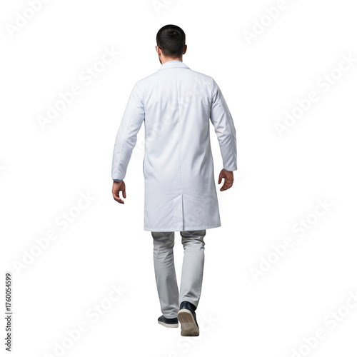 Man in white lab coat walking away isolated on transparent background