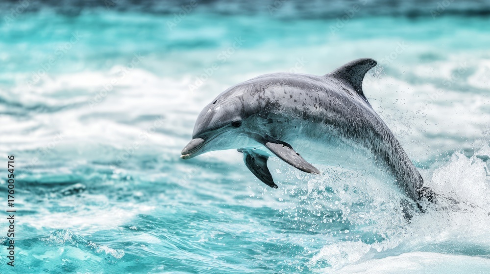 Obraz premium cetacean. Dolphin leaping from turquoise ocean waters, dynamic marine life in motion. wildlife magazines, conservation campaigns, designed for nature documentaries and education. 