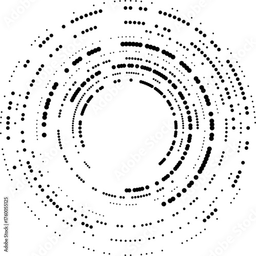 Spiral-based radial design consisting of dot sequences gradually rotating toward the center of the circle.