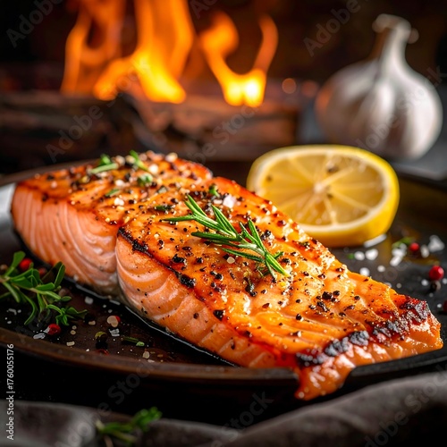 Grilled salmon fillet with lemon, rosemary, and fire background
