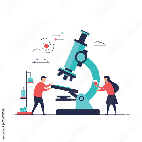 Scientists examining a large microscope in a laboratory with scientific equipment in the background.