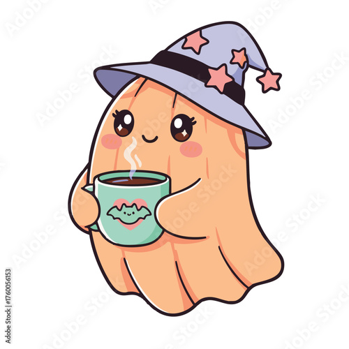 Cute Halloween Ghost Holding Coffee Cup Cartoon Illustration
