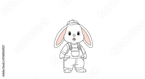 Cute cartoon bunny rabbit character in overalls standing with mouth open in surprise.